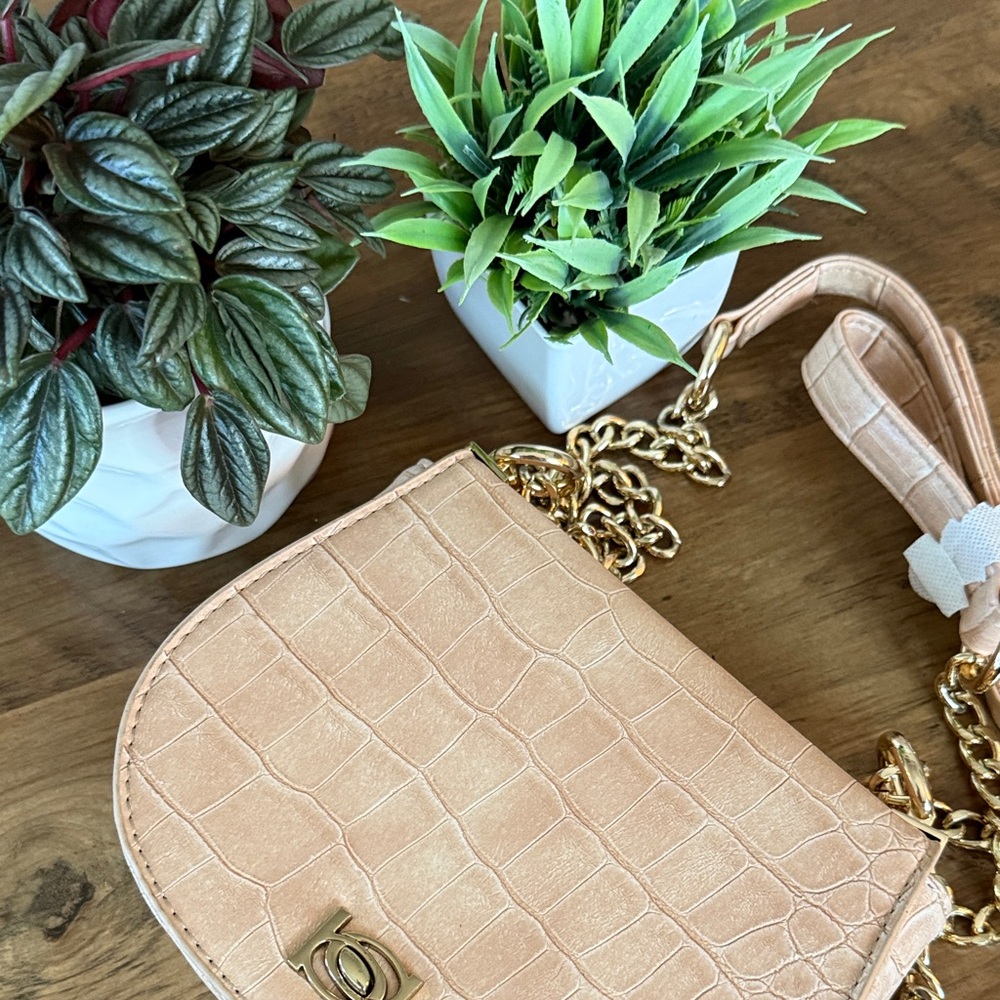 *BEBE* Michelle Mini Saddle Bag Crossbody Chain Strap Shoulder Purse tan - NEW - Picture 4 of 12